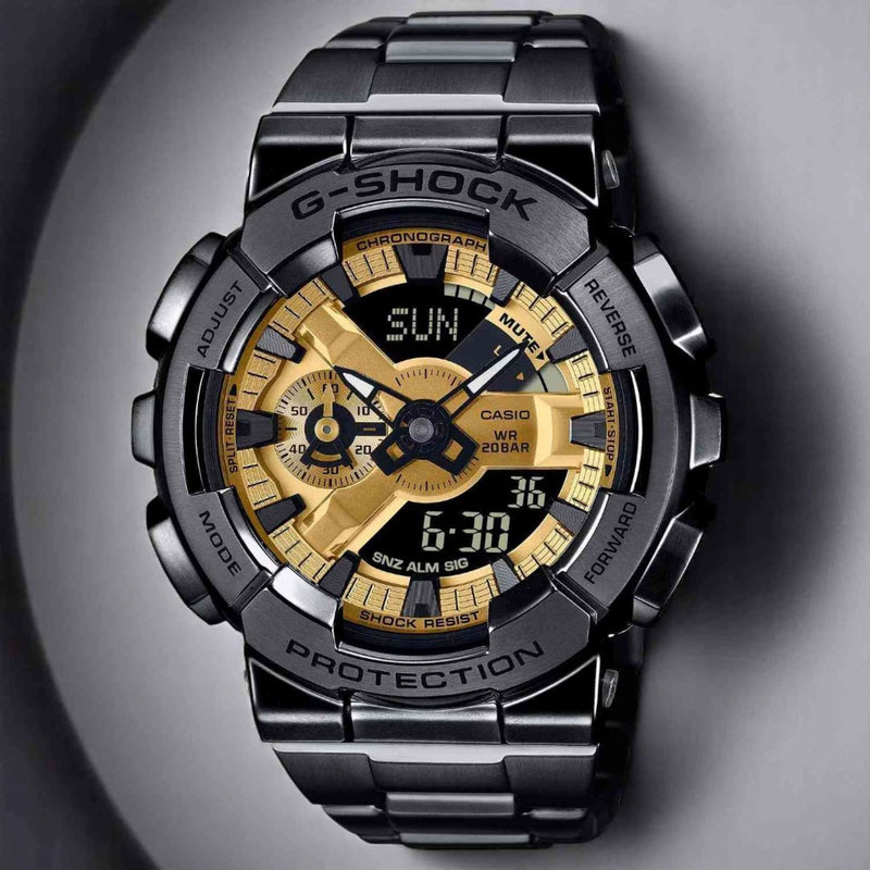 Men's Analog-Digital Black Stainless Steel Watch with Gold Dial