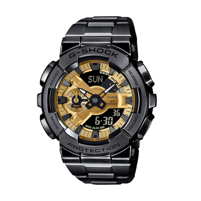 Men's Analog-Digital Black Stainless Steel Watch with Gold Dial