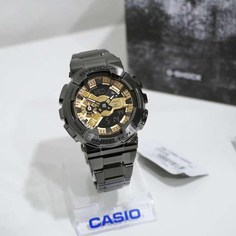 Men's Analog-Digital Black Stainless Steel Watch with Gold Dial