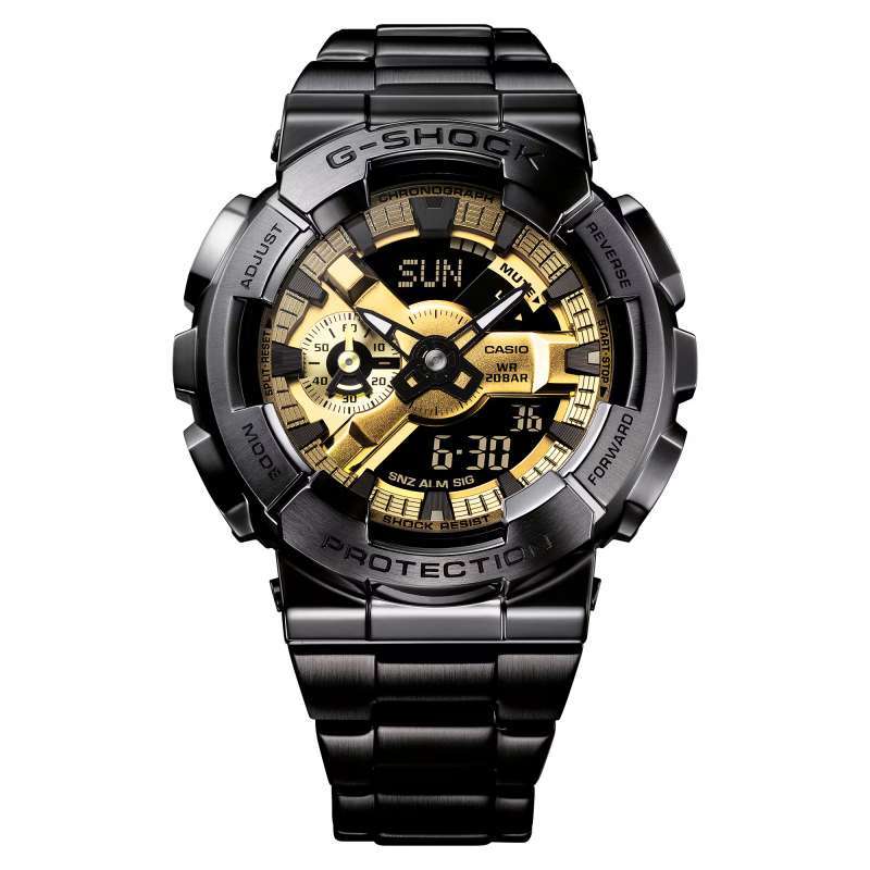 Men's Analog-Digital Black Stainless Steel Watch with Gold Dial