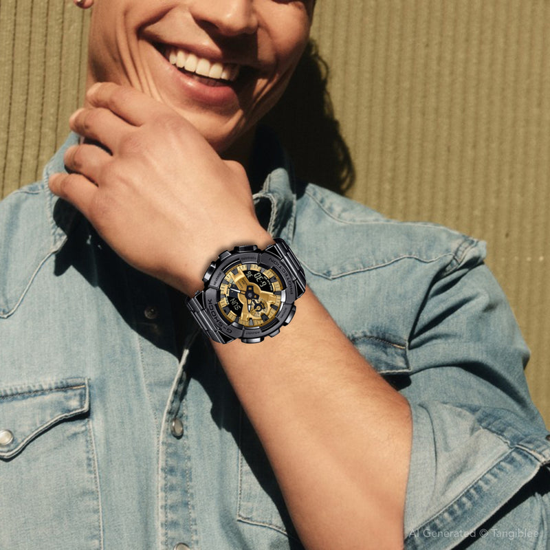 Men's Analog-Digital Black Stainless Steel Watch with Gold Dial